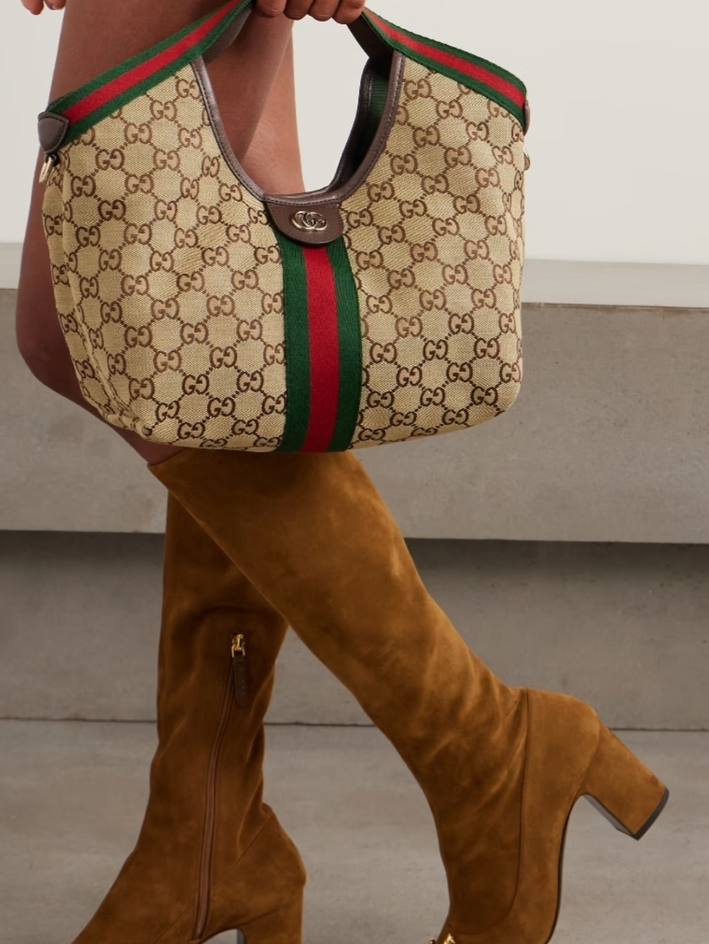 Canvas Cotton Supreme GIG Small Tote w/ Green/Red Stripe Brown LeatherTrim/strap - Picture 2 of 16